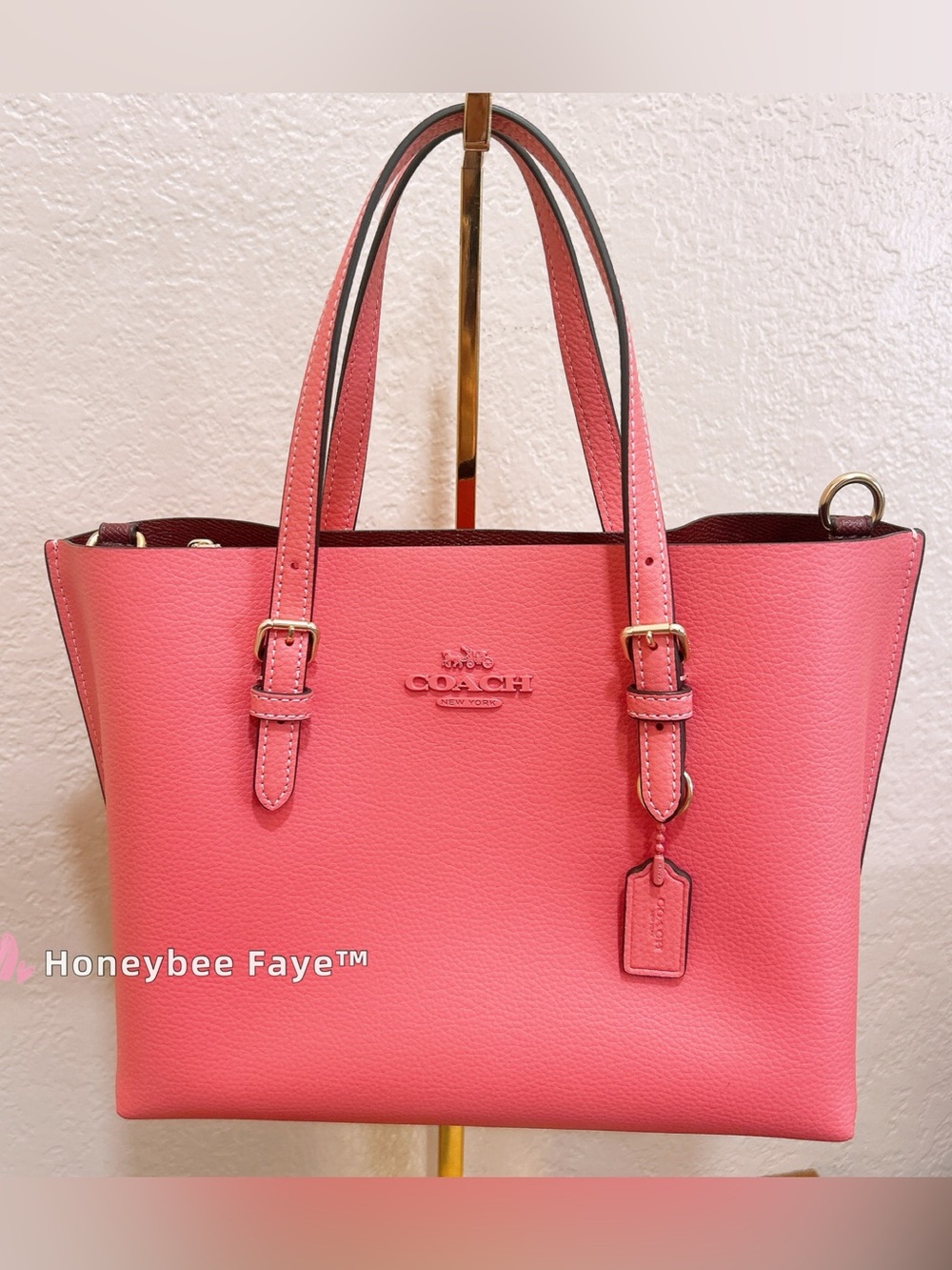 Coach Millie 25 Coral Pink Pebbled Leather Tote with long strap
